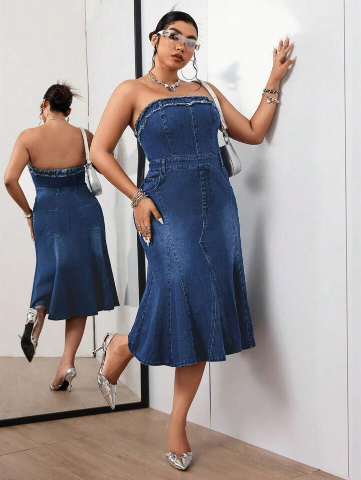Plus Size Solid Color Strapless Denim Dress With Pockets, Summer | SHEIN
