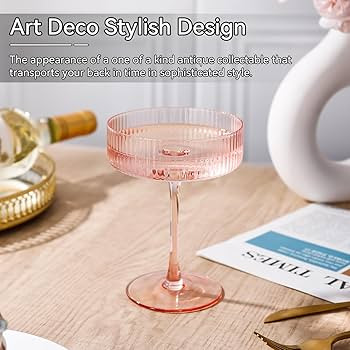 9 oz Pink martini glasses Vintage Art Deco Blush Pink Coupe Glasses Set of 6 Ribbed Martini Cockt... | Amazon (US)