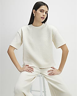 Cream Short Sleeve Jacquard Boxy T-shirt | River Island UK & IE