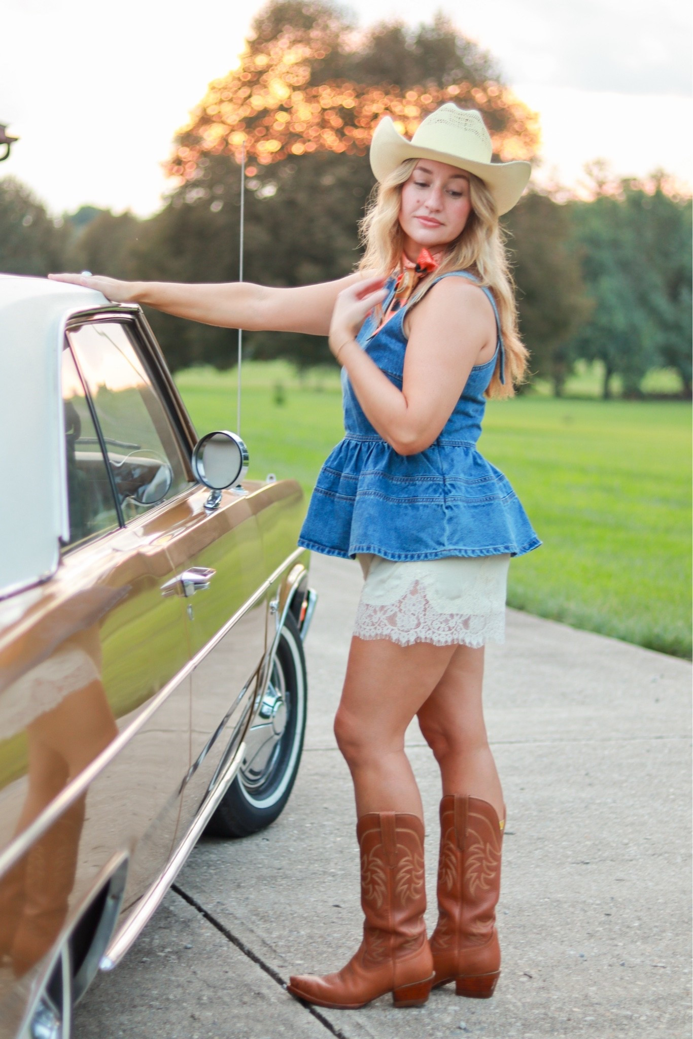 denim 🤝 vintage cars 🤝 me

western style, western fashion, denim top, western aesthetic, cowgirl boots, lace shorts, overall tank, twilly

#LTKootd