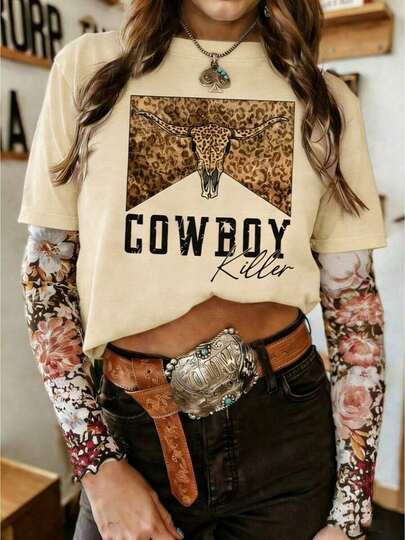 Women's Casual Round Neck Short Sleeve-Shirt With Retro Western/Cowboy Rodeo Print, BOHO Top,... | SHEIN