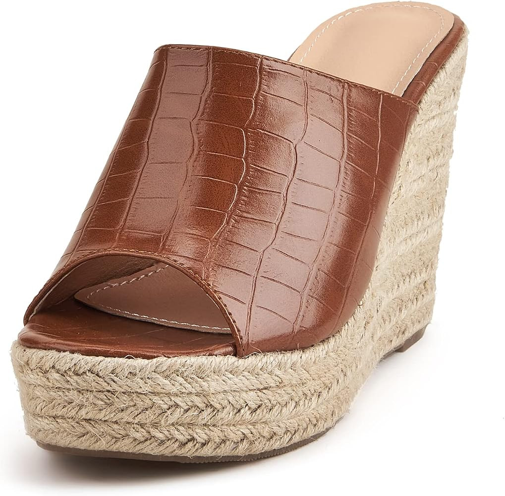 EFTCAL Women's Open Toe Espadrille Retro Crocodile Pattern Platform Wedge Sandals,Comfort Slip On... | Amazon (US)