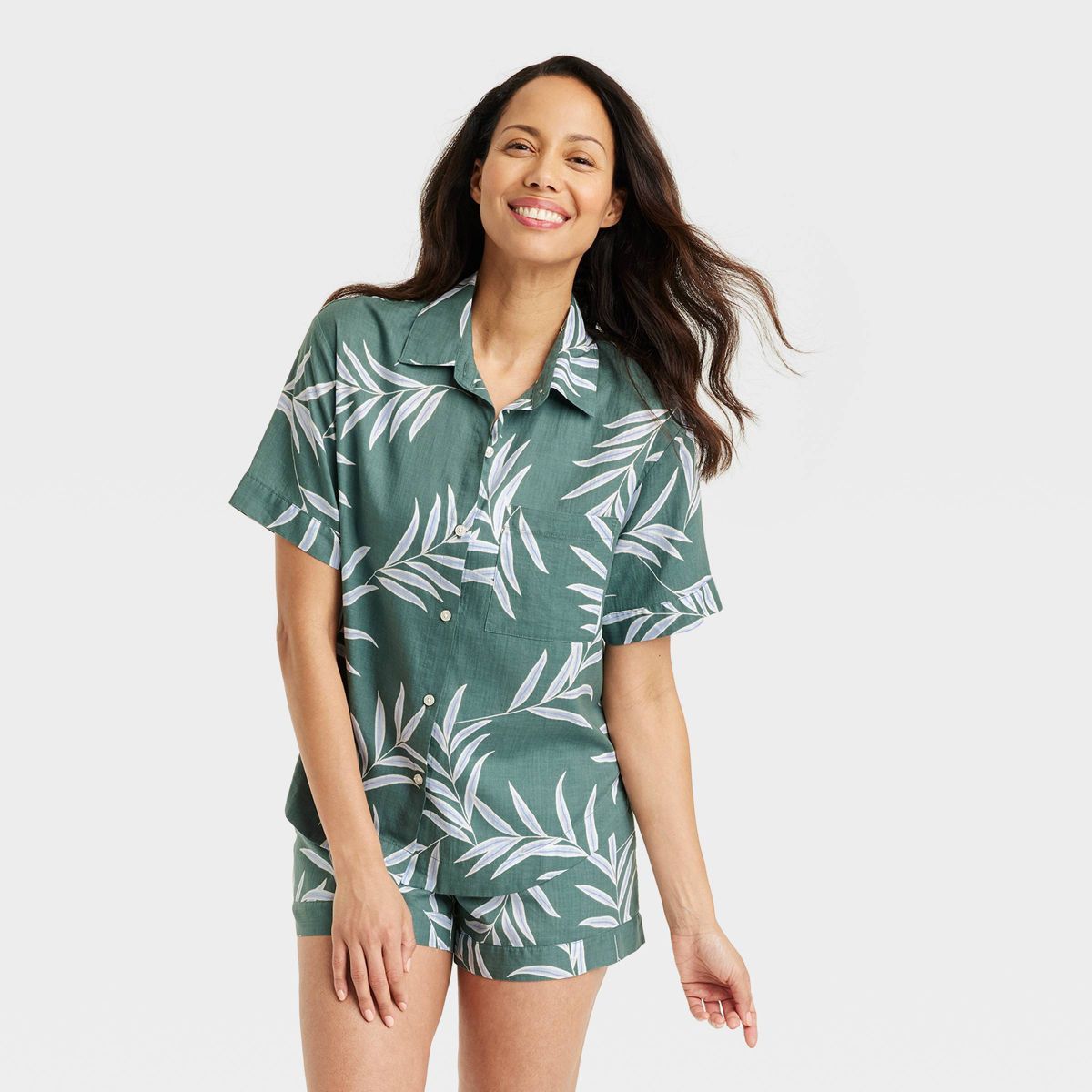 Women's Cotton Blend Button-Up Pajama Top - Stars Above™ Green M | Target