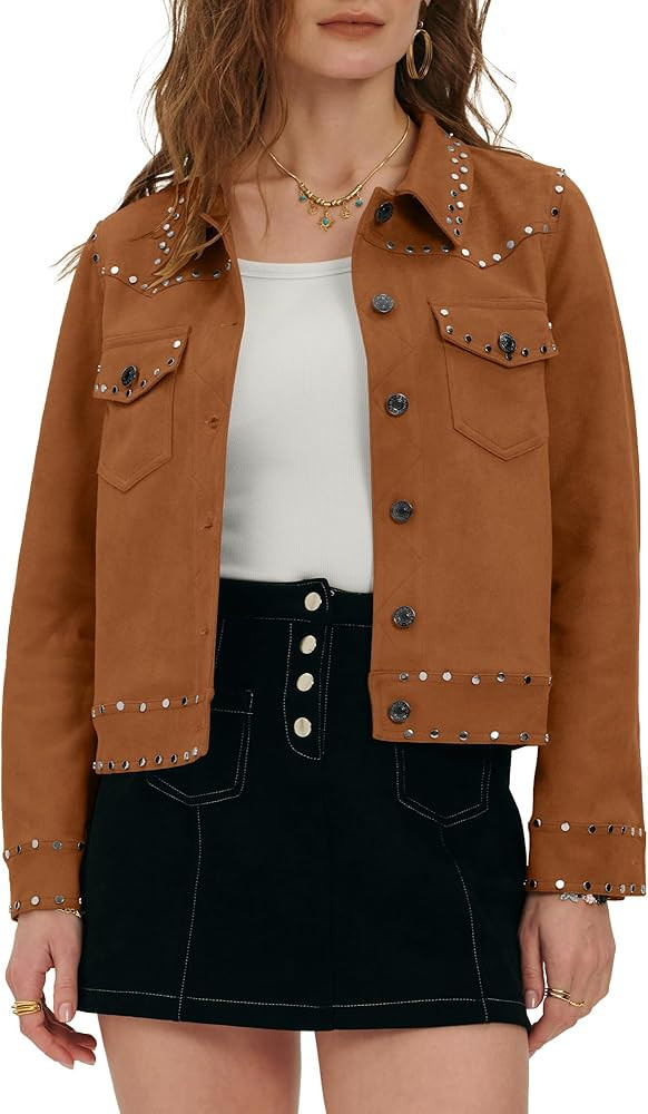 Locahcy Women's Cropped Suede Leather Jacket Fashion Long Sleeve Rivet Studded Trucker Jacket | Amazon (US)