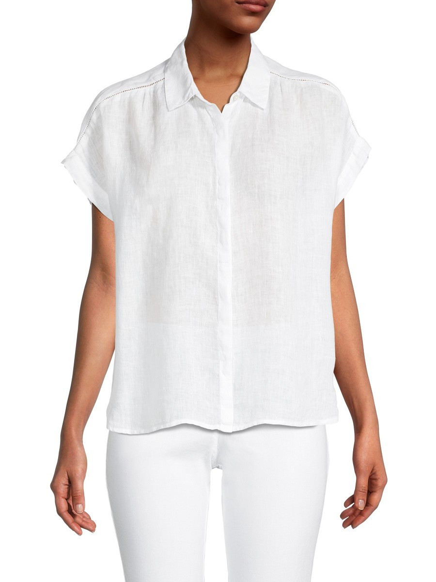 120% Lino Short Sleeve Linen Shirt - White - Size 44 (8) | Saks Fifth Avenue OFF 5TH