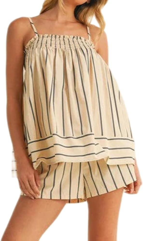 Sastianaen Women Stripe Spaghetti Strap 2 Piece Pajama Set Smocked Babydoll Cami Top and Shorts L... | Amazon (US)