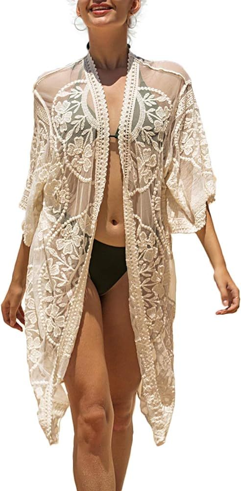 Women's Lace Cardigan Floral Crochet Sheer Beach Cover Ups Long Open Kimono | Amazon (US)