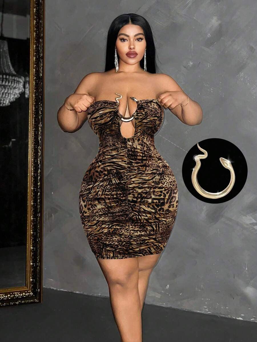 Maweii Plus Size Women Strapless Hollow-Out Sexy Zebra Leopard Print Tight Bodycon Dress | SHEIN