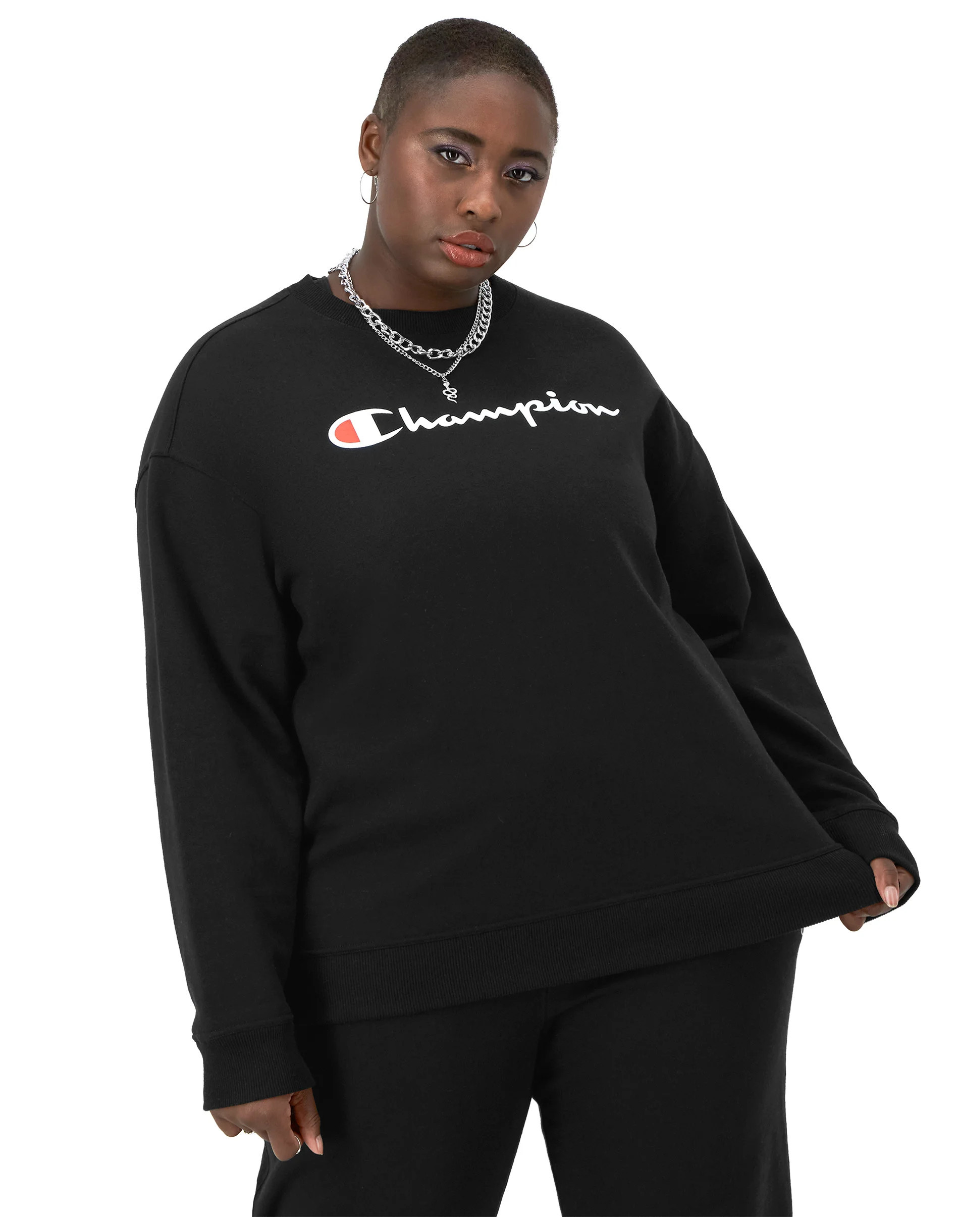 Women's Champion Powerblend Crewneck Sweatshirt, Script Logo (Plus Size) Black 1X | ChampionUSA.com (Hanesbrands Inc.)
