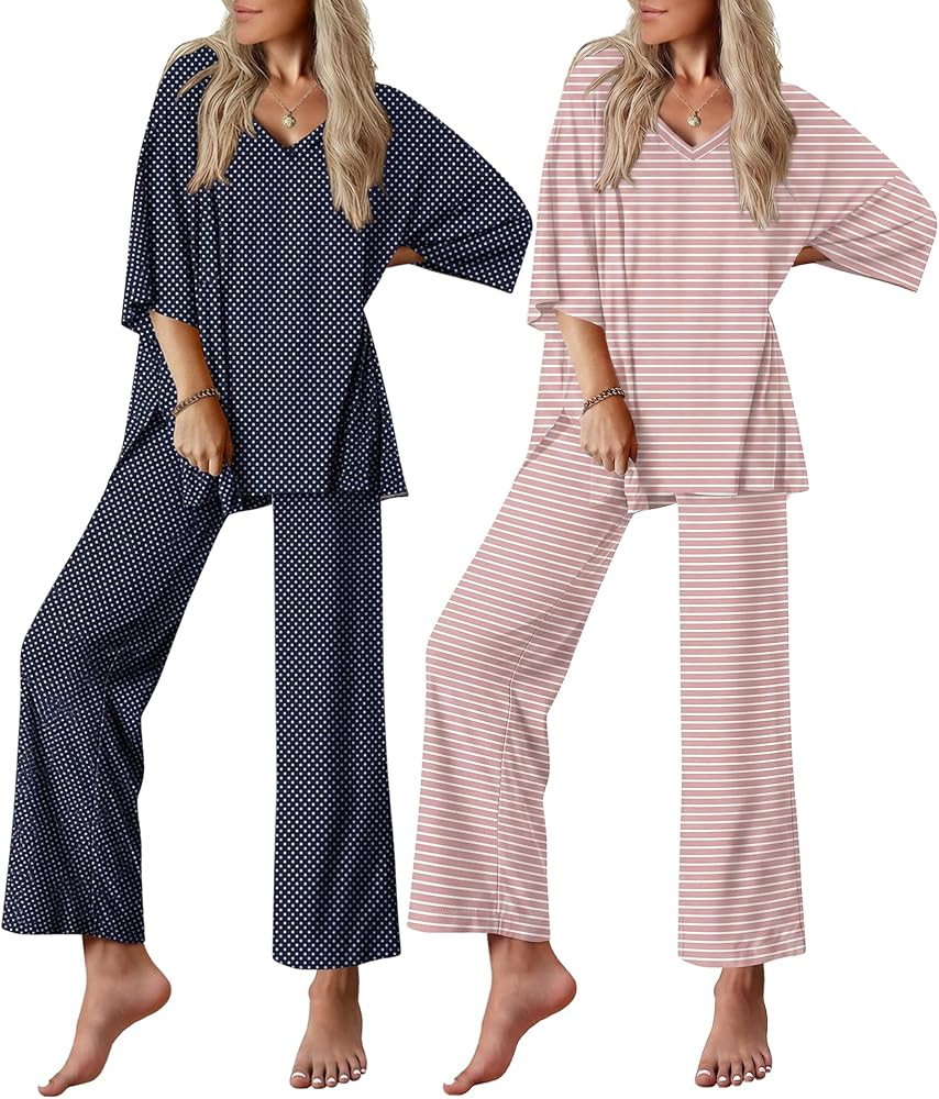 Ekouaer 2 Packs Lounge Sets for Women Short Sleeve Pajamas Set V Neck Top and Long Pants Comfy Pj... | Amazon (US)