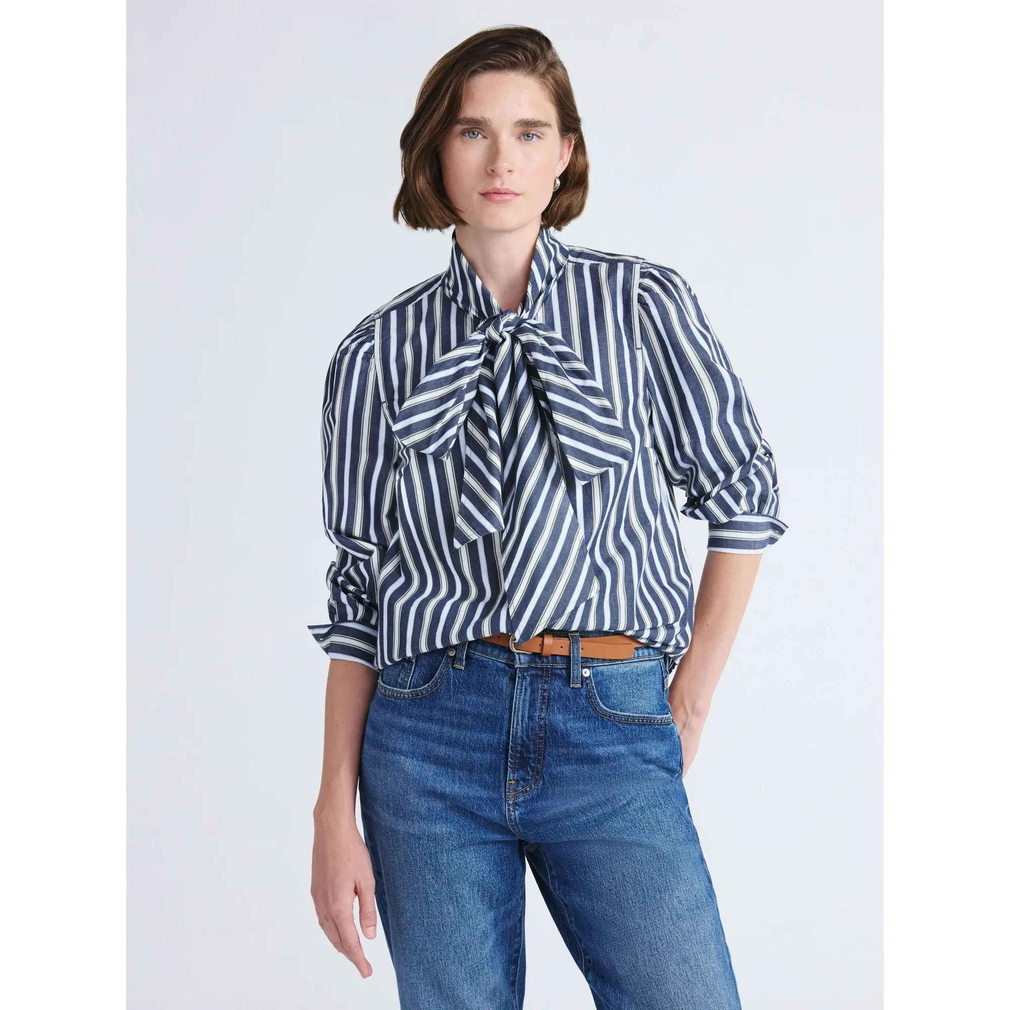 Free Assembly Women's Cotton Tie Neck Blouse with Long Puff Sleeves, Sizes XS-XXL | Walmart (US)