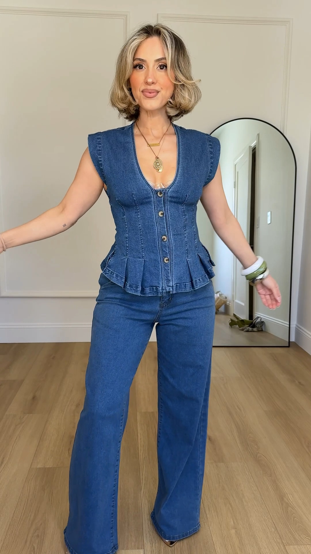 Denim on denim spring ootd 🤗 guys, I cannot stop worrying these Amazon jeans! They’re high-rise, wide leg, incredible stripe, and so flattering 👌🏼 I’m wearing them in a size 4! 

Top is XS 

#LTKFestival #LTKU #LTKootd