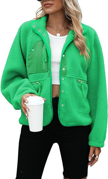 Yanekop Womens Fleece Jacket Fuzzy Long Sleeve Short Coats Button Down Sherpa Outerwear With Pock... | Amazon (US)