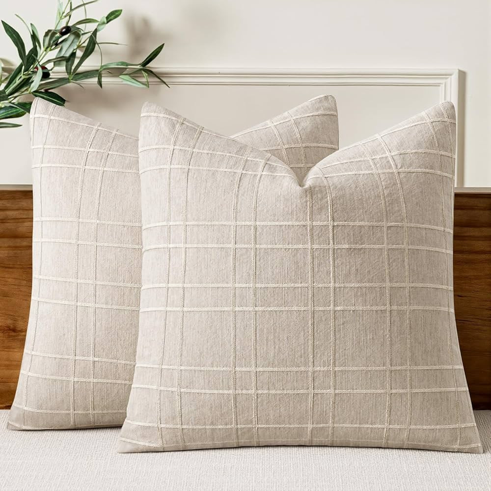 MIULEE Decorative Linen Check Throw Pillow Covers Neutral Farmhouse Vintage Pillow Covers 20x20 I... | Amazon (US)