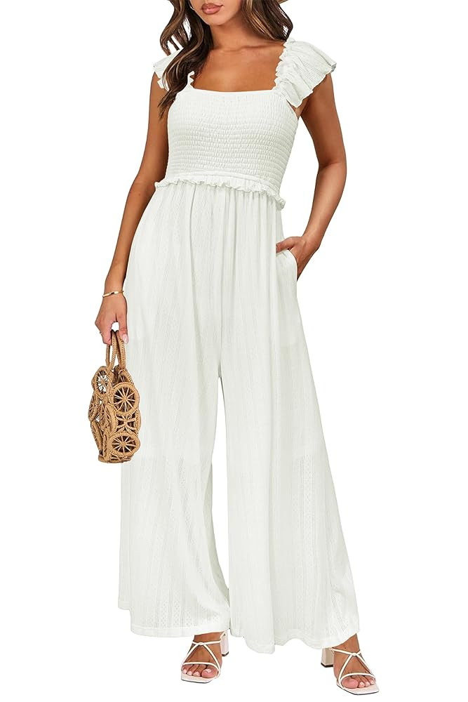 OUGES Overol casual de verano para mujer, con volantes, correa de manga ancha, pantalones con bol... | Amazon (US)