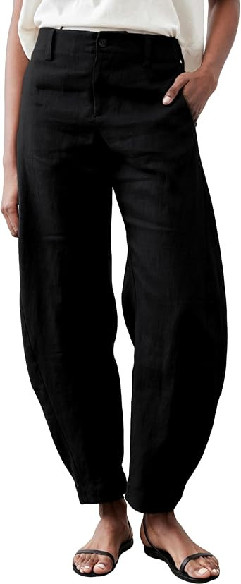 Womens Linen Barrel Pants Baggy Wide Leg Palazzo Trousers Casual Capris Pants with Pockets | Amazon (US)