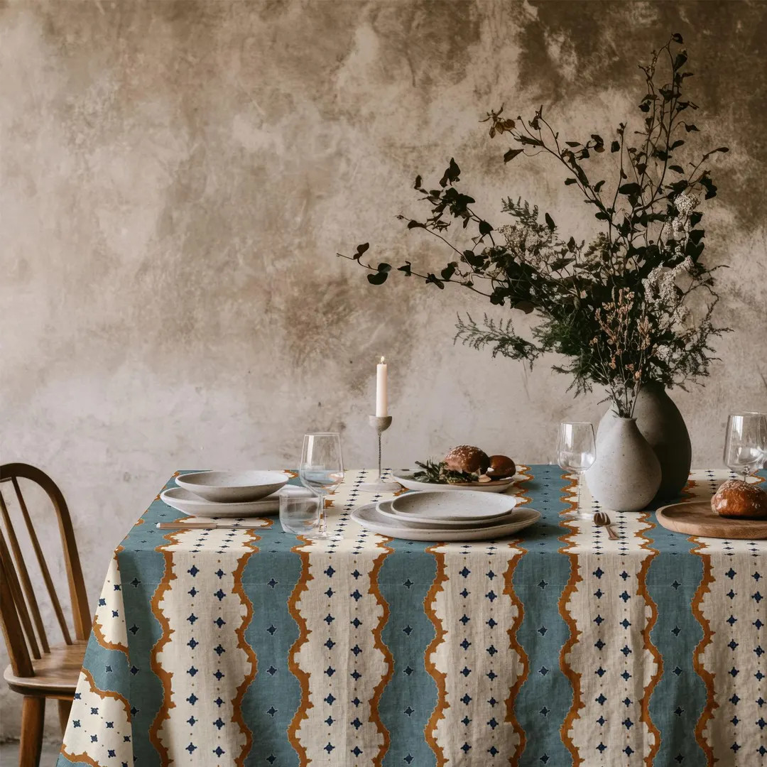 Teal Rustic Stripe Tablecloth, Vintage Geometric Pattern Table Cover, Cottagecore Farmhouse Dinin... | Etsy (Global)