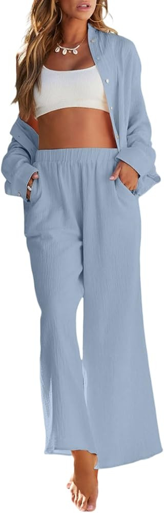 Dokotoo 2 Piece Outfits for Women Long Sleeve V Neck Button Down Shirts and Wide Leg Pants with P... | Amazon (US)