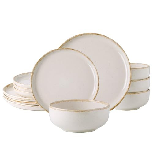 AmorArc Ceramic Dinnerware Sets, Wavy Rim Stoneware Plates and Bowls Sets, Highly Scratch Resistant | Dishwasher & Microwave Dishes set, Service for 4 (12pc)-Speckled Cappuccino) | Amazon (US)