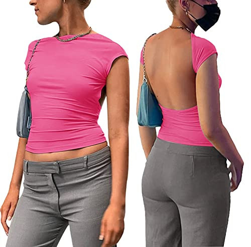 ForeFair Women Sexy Backless Top Open Back Short Sleeve Shirts Cute Slim Fit Crewneck Summer Casual Y2K Tops（Rosered,S） | Amazon (US)