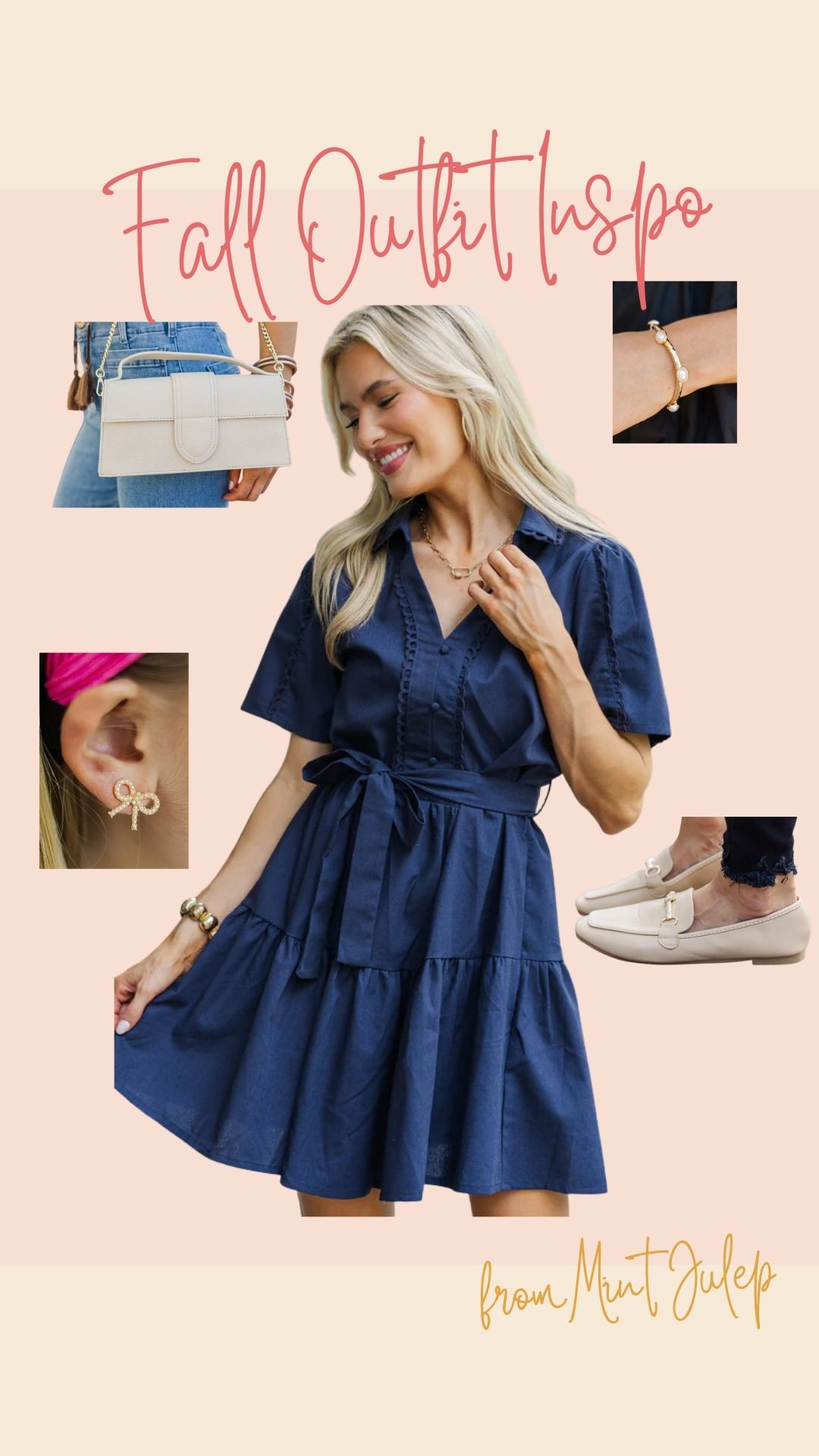 This navy short sleeve dress with a tie waist is perfect for casual fall style or dressed-up occasions. Pair it with neutral loafers, a chic crossbody bag, gold jewelry, and bow earrings for a classic, timeless look. 

 #LTKSeasonal #LTKFindsUnder100 #LTKStyleTip