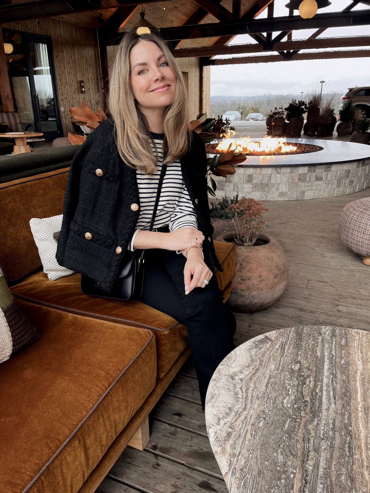 Black cardigan and striped shirt 