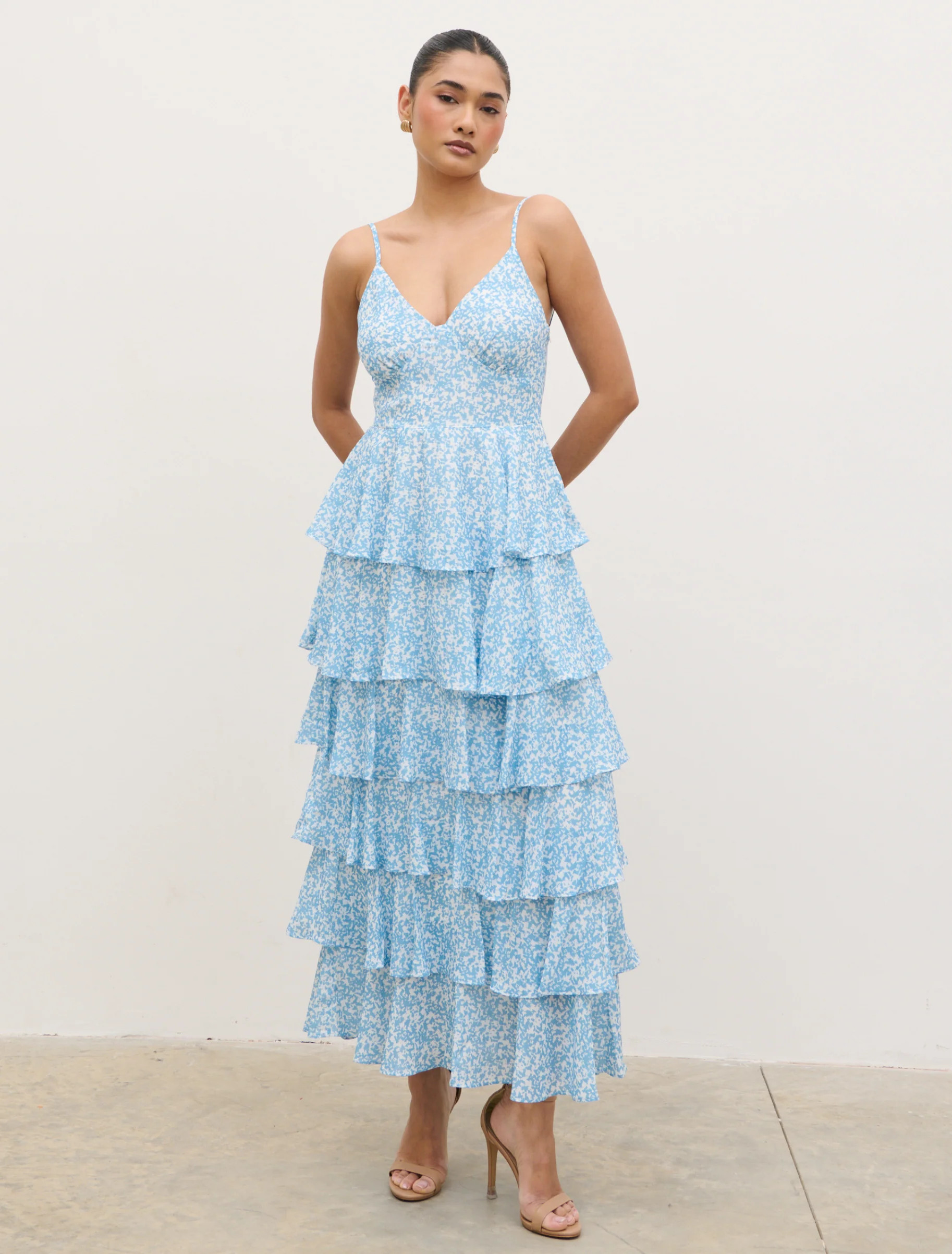 Lissy Ruffle Midaxi Dress - Blue Abstract | Pretty Lavish (UK)