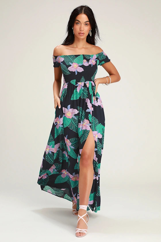 Patsy Navy Blue Floral Print Off-the-Shoulder Dress | Lulus (US)