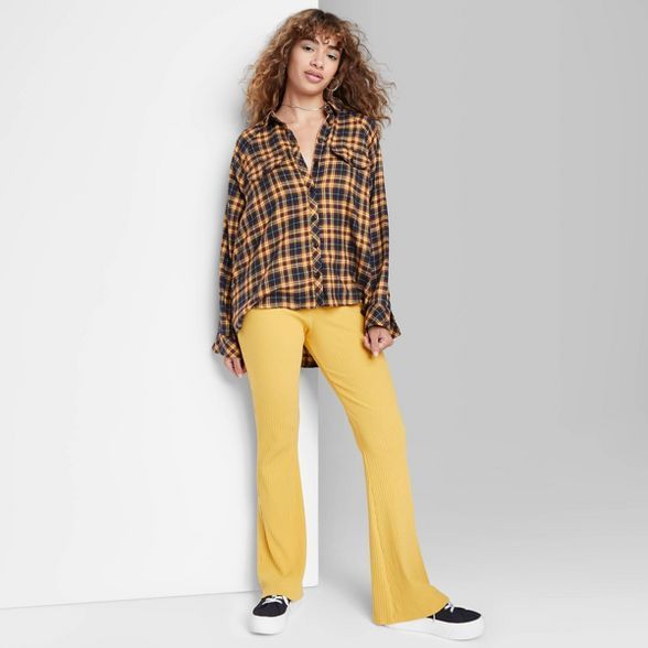 Women&#39;s Raglan Long Sleeve Button-Down Hi-Low Flannel Shirt - Wild Fable&#8482; Yellow Plaid ... | Target