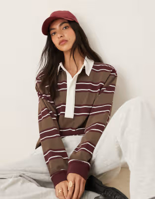 ASOS DESIGN oversized rugby shirt in khaki stripe | ASOS (Global)