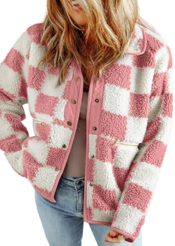 SHEWIN Jackets For Women Causal Sherpa Fall Jacket Loose Button Down Plaid Winter Coats | Amazon (US)