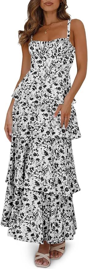 Fisoew Womens Floral Maxi Dresses Spaghetti Strap Casual Sleeveless Ruffle Flowy Tiered Dress | Amazon (US)