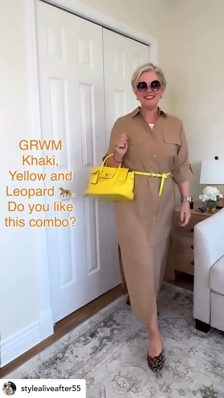 Khaki and yellow with leopard flats  

#LTKOver40 #LTKootd #LTKMidsize