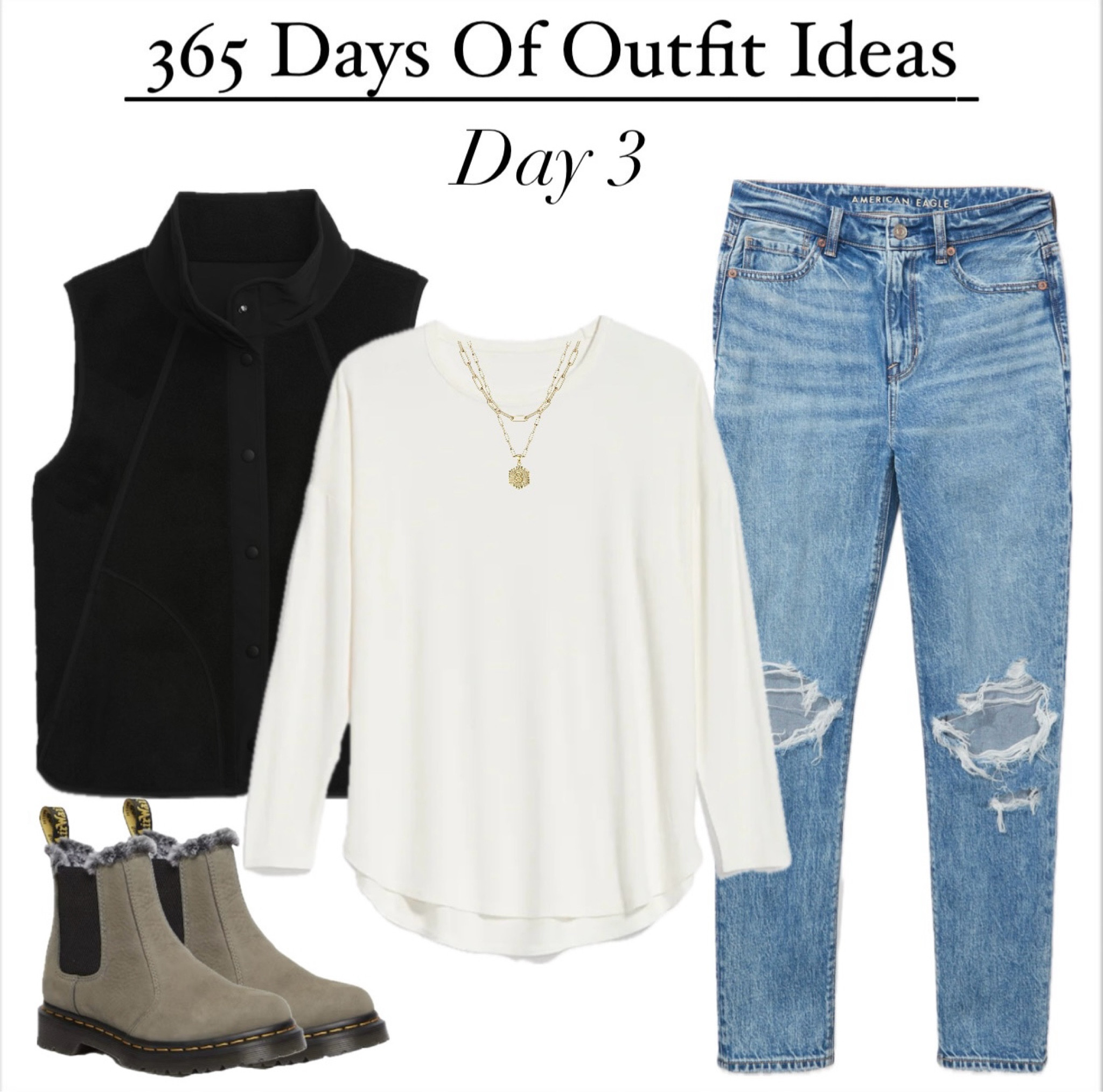 365 days of outfits Day 3
•vest #maurices 
•long sleeve white tunic #oldnavy
•strigid mom jeans #americaneagle
•Chelsea boots #drmartens #winterboots
#winteroutfit #winteroutfitidea #winteroutfitinspo #casualoutfit #casualoutfitidea #casualoutfitinspo 

#LTKFindsUnder50 #LTKStyleTip #LTKSaleAlert