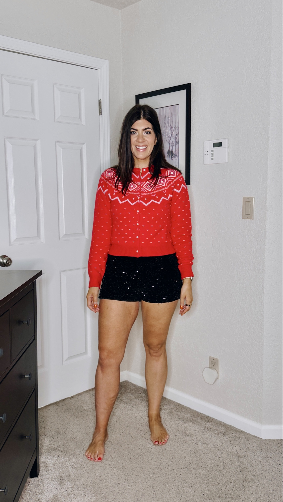 50% off old navy sale!
In a small tall cardigan (size down!)
And medium sequin shorts 

#LTKMidsize #LTKSaleAlert #LTKHoliday