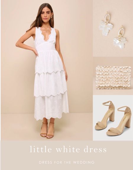White midi dress, bridal shower dress for the bride to be, honeymoon dress, rehearsal dinner and dress, white dress under $100, tiered white dress, eyelet dress, bride to be outfit. Great sale on now at Lulus. Affordable dresses for weddings. 

#LTKParties #LTKWedding #LTKFindsUnder100