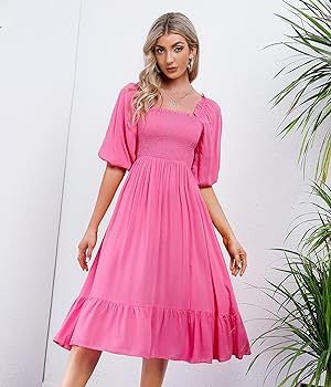 R.Vivimos Women's Summer Cotton Puff Sleeves Casual Vintage Polka Dots Print Off Shoulder Midi Dress | Amazon (US)
