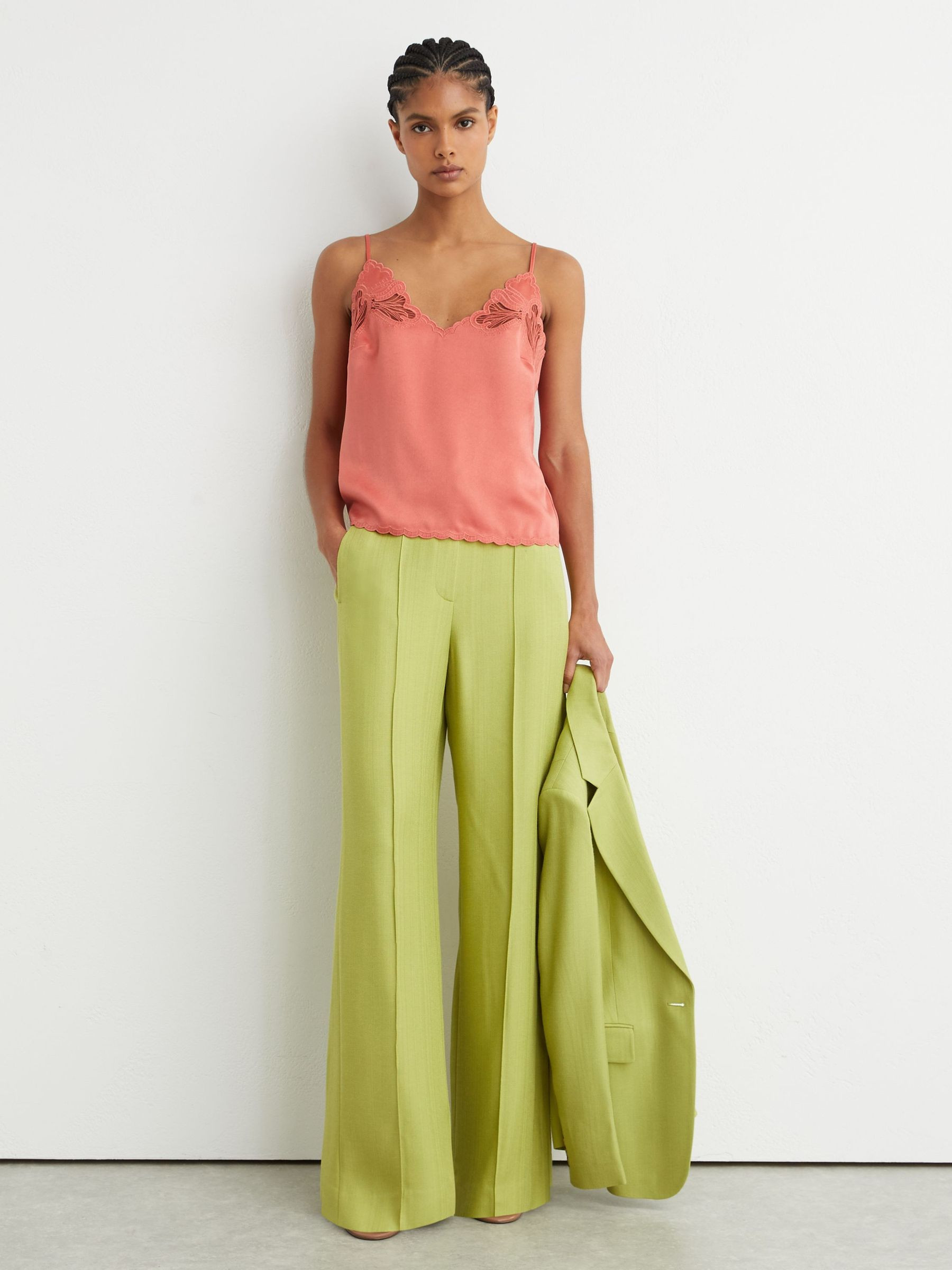 Reiss Satin Lace-Detail Cami Top in Coral Pink - REISS | Reiss UK