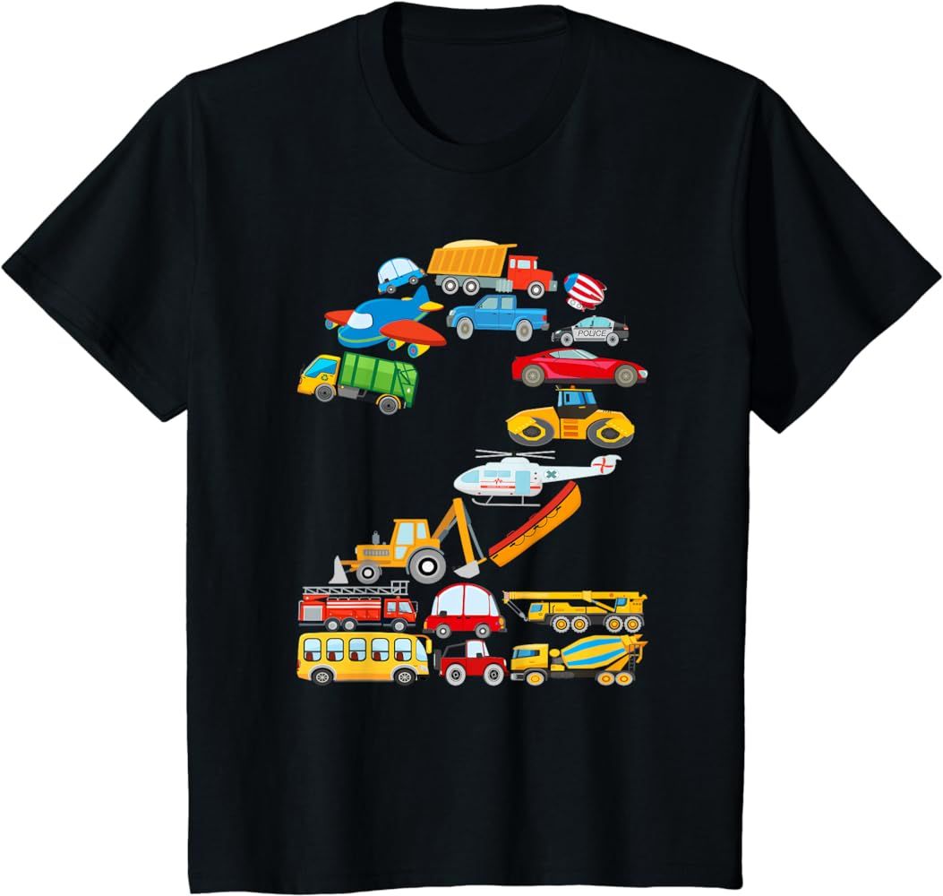 Kids 2nd Birthday For Boys Cars Vehicles ,Fire Truck, Airplane T-Shirt | Amazon (US)