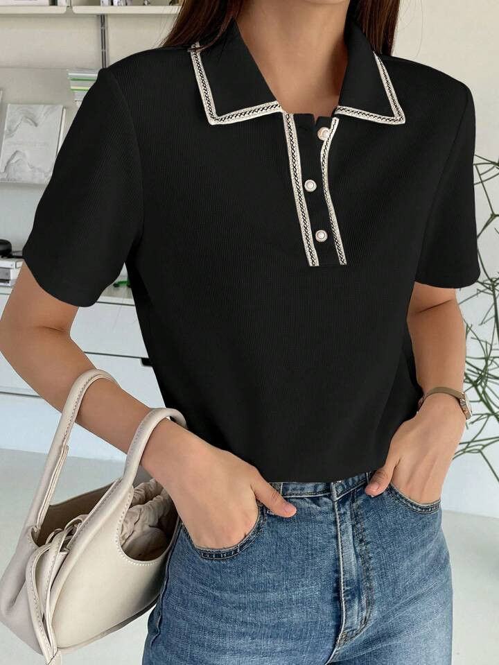 DAZY Contrast Trim Polo Neck Tee | SHEIN