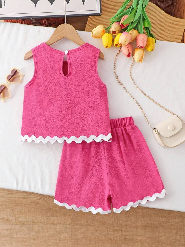 2pcs Young Girl Textured Fabric Contrast Hem Sleeveless Top & Casual Shorts Set Girls Pink Two Pi... | SHEIN