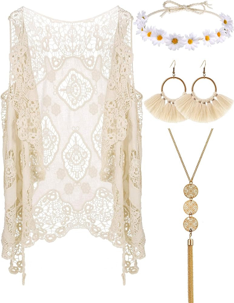 4 Pieces Women Hippie Bohemian Costume Set Open Stitch Cardigan Crochet Vest | Amazon (US)