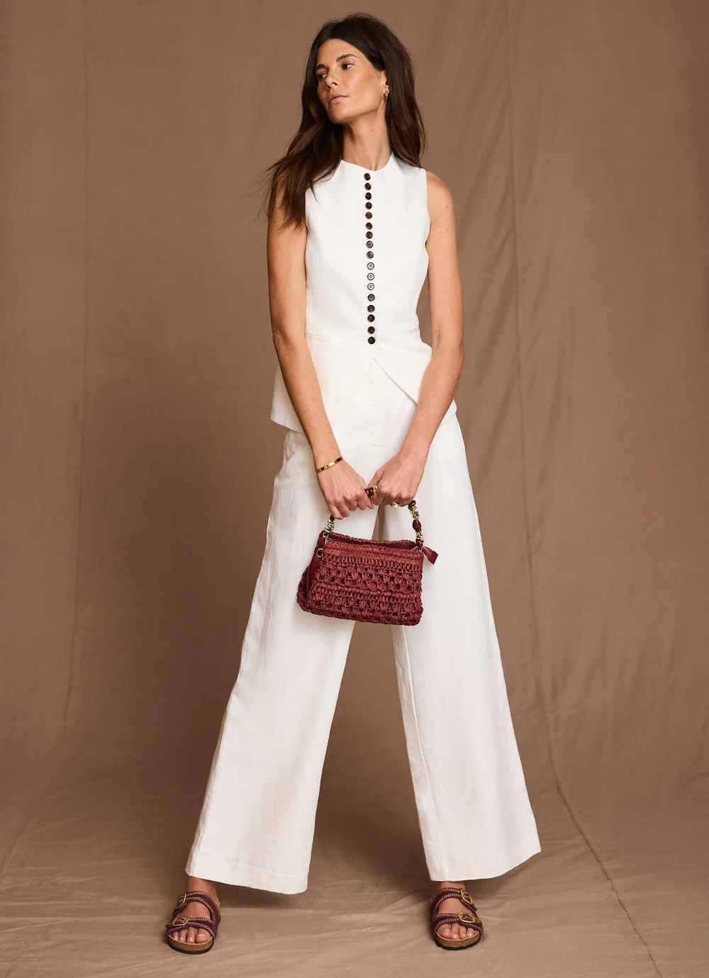 Cream Linen Blend Longline Waistcoat | Mint Velvet