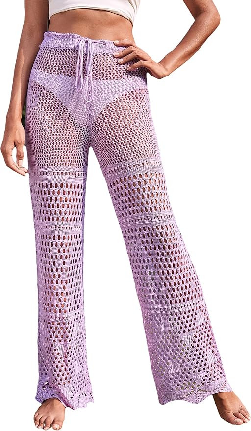 MakeMeChic Women's Cover Up Pants Drawstring Crochet Knitted Sheer Beach Cover Up Pants Swimwear | Amazon (US)