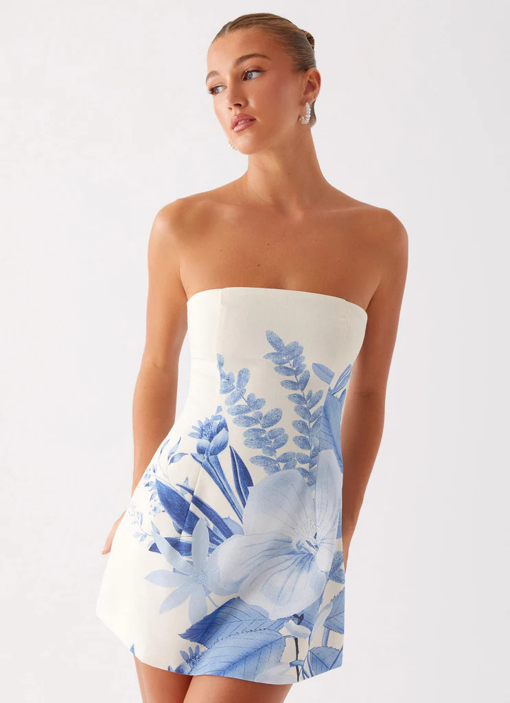 Denby Strapless Mini Dress - Blue Floral Print | Peppermayo (Global)