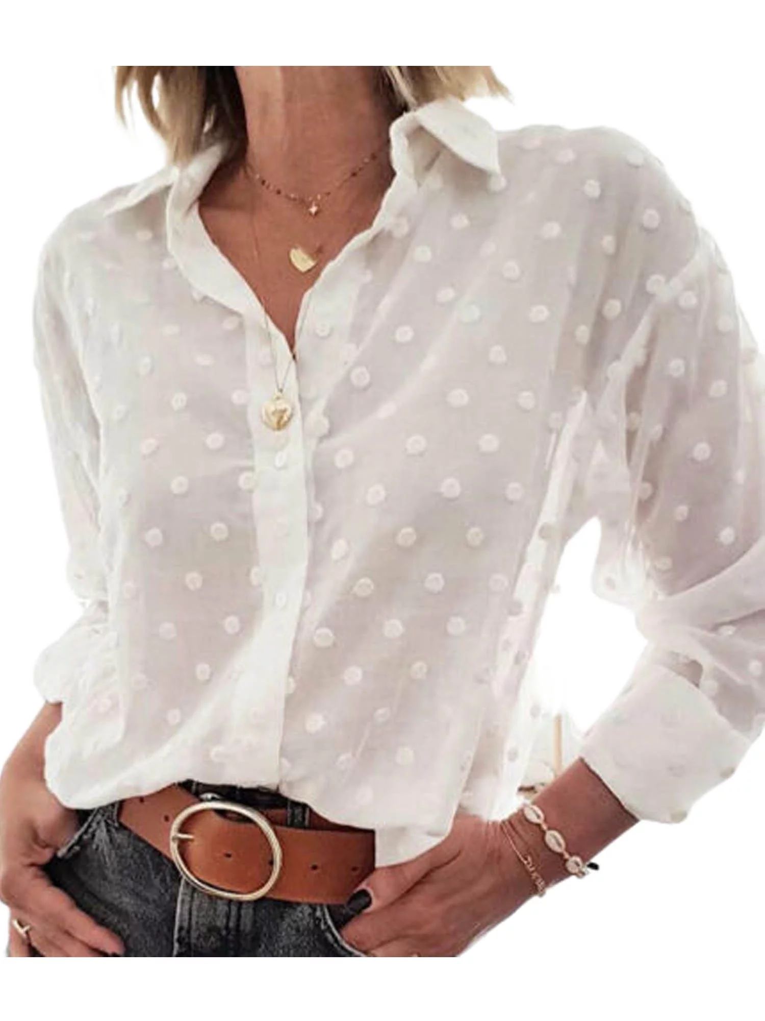 Asashitenel Womens Summer Polka Dot Long Sleeve Button Down Shirts White Lace Sheer Loose Casual ... | Walmart (US)