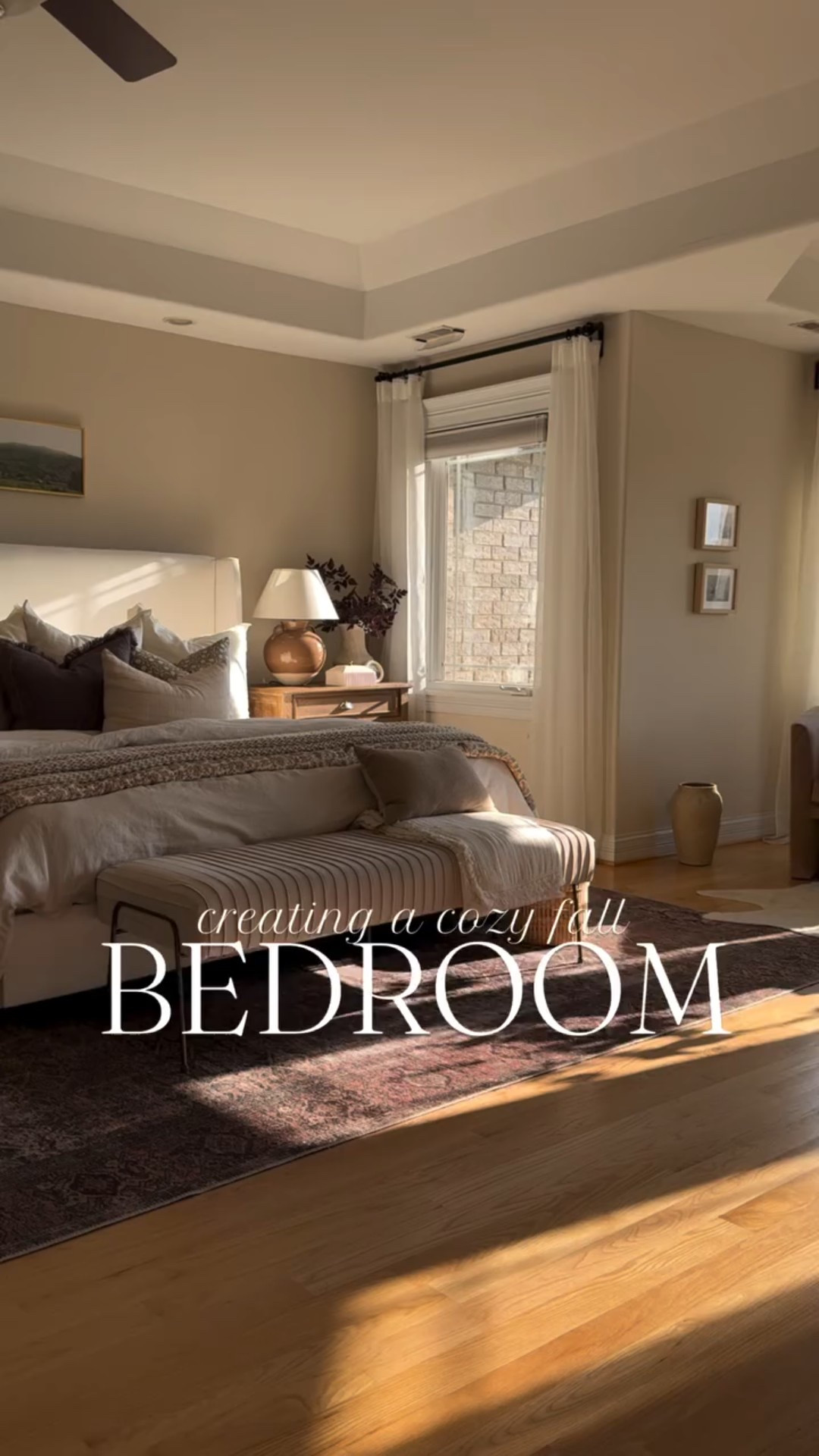 Cozy fall bedroom!  🤎🍂
You won’t see bright, neon colors here and cluttering corners, but you’ll see a calming, warm and inviting bedroom that resonates with me. Creating a cozy fall bedroom with warm wood tones, rich hues, textures and layers that brings calming, inviting vibe makes me happy. 



#bedroominterior #cozyhomedecor #bedroominspo 
Bedroom inspiration, neutral home, cozy home, inviting spaces, bedroom makeover, look for less, interior styling, interior design, traditional home, modern organic, interiors,