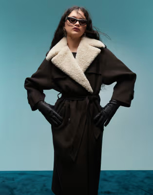 BIMBA Y LOLA longline wool coat with detachable collar in brown | ASOS (Global)