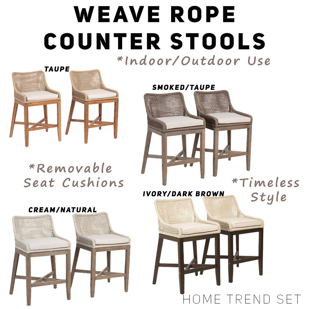 Weave Rope Counter Stools:
-indoor/outdoor use
-removable seat cushions 
-timeless style

LOVE these!!! And look at all those color options 🤍😍  

 #LTKHome #LTKSaleAlert #LTKFamily