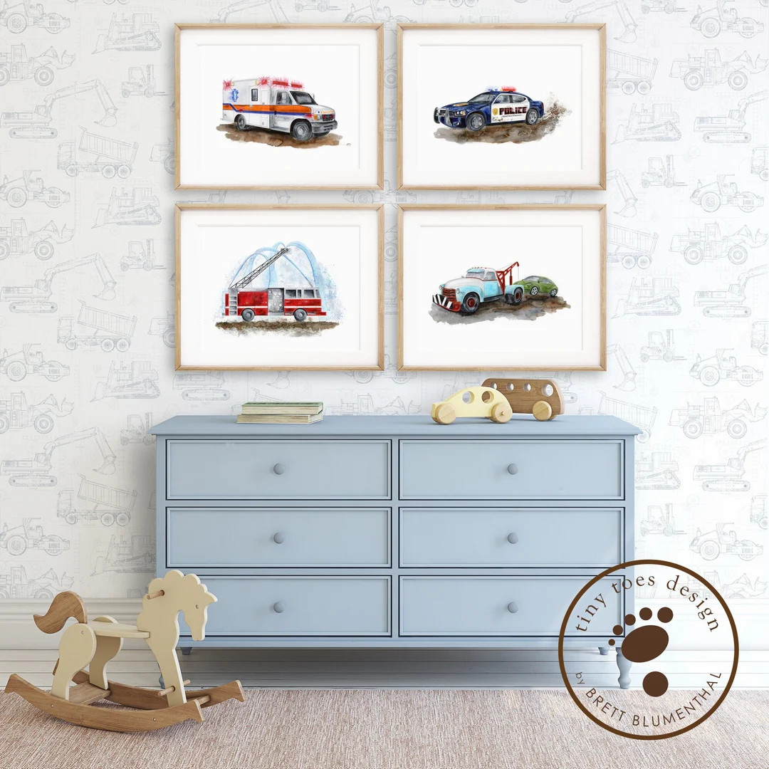 Emergency Vehicle Prints, Boys Room Decor, Rescue Vehicle Print Set of 4, Boy Nursery Art, Kids D... | Etsy (US)